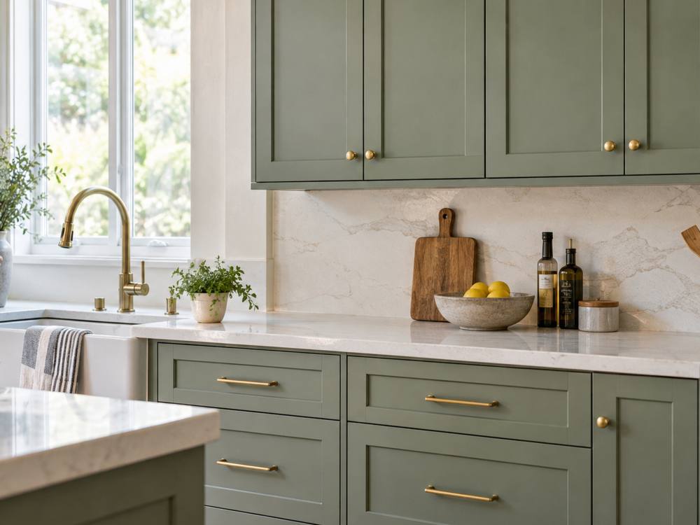 Sage green cabinets with matching brass pulls, knobs and a brass faucet