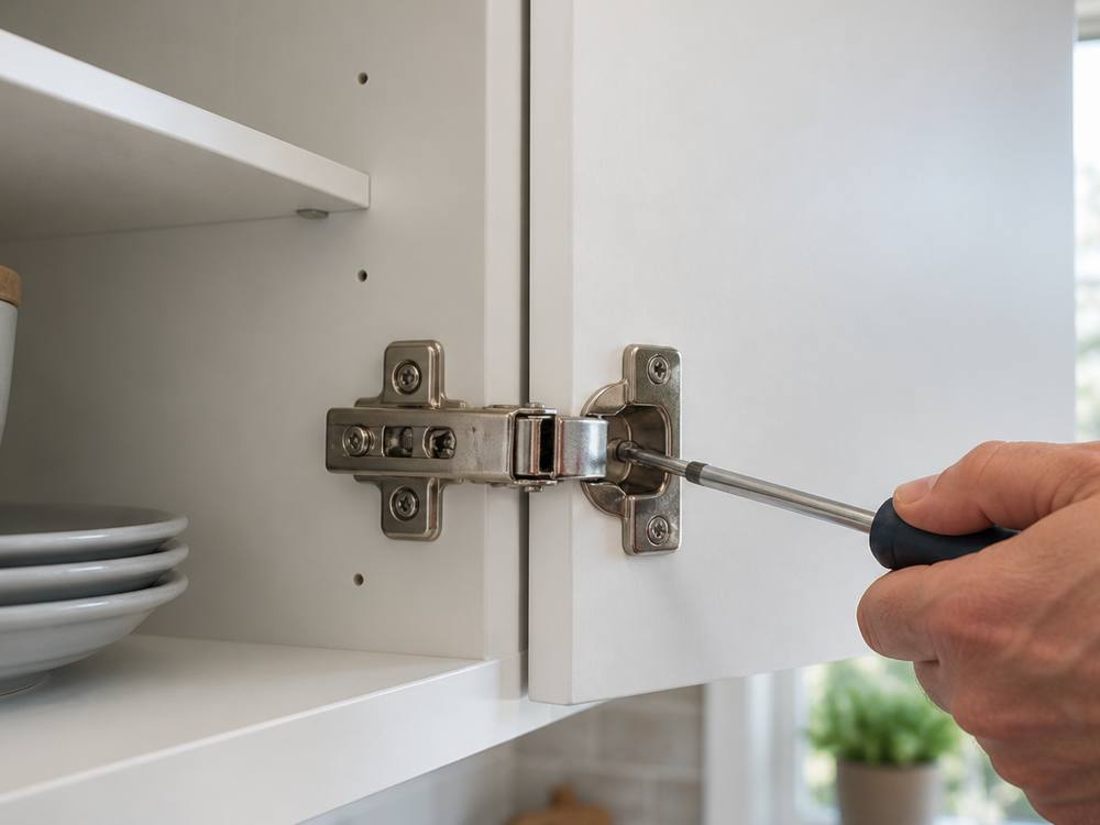 A hand adjusts a concealed hinge on a white cabinet door