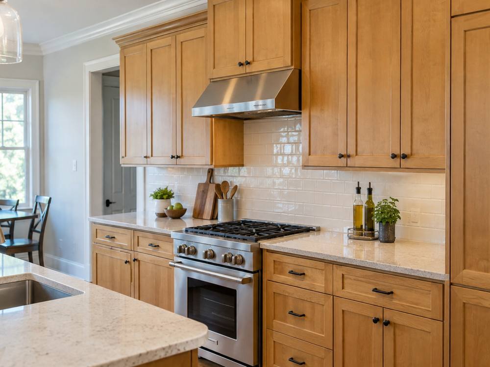 Honey maple shaker cabinets with black pulls beside a stainless range
