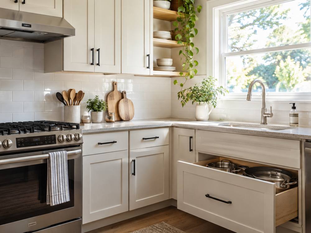 Cream shaker cabinets in a bright kitchen with an open pot drawer
