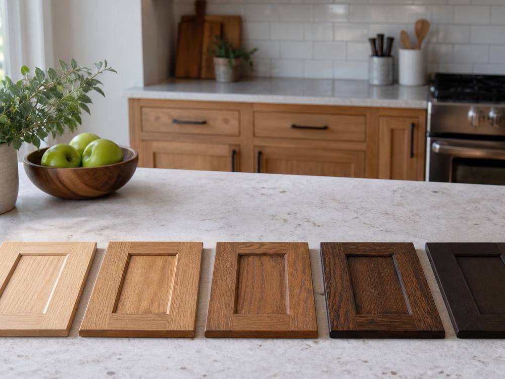 Five sample cabinet doors in stains from light oak to dark espresso