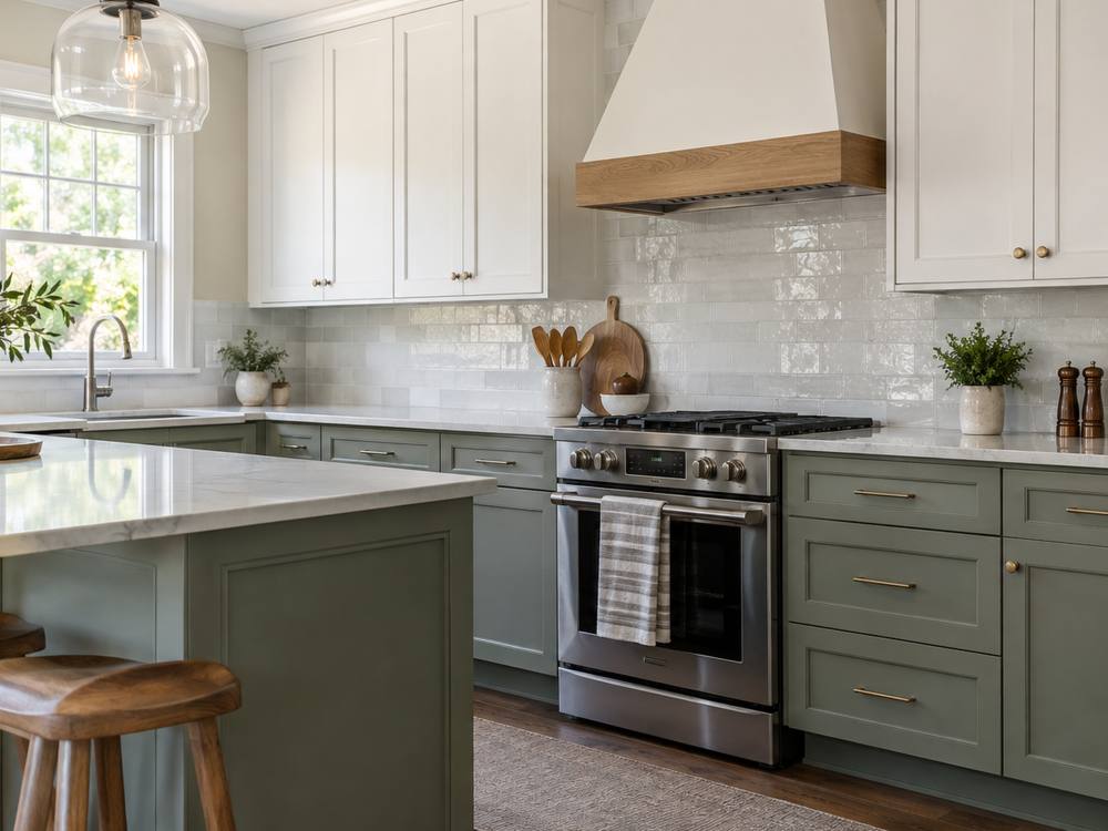 Sage green base cabinets and island beneath white uppers and a wood hood