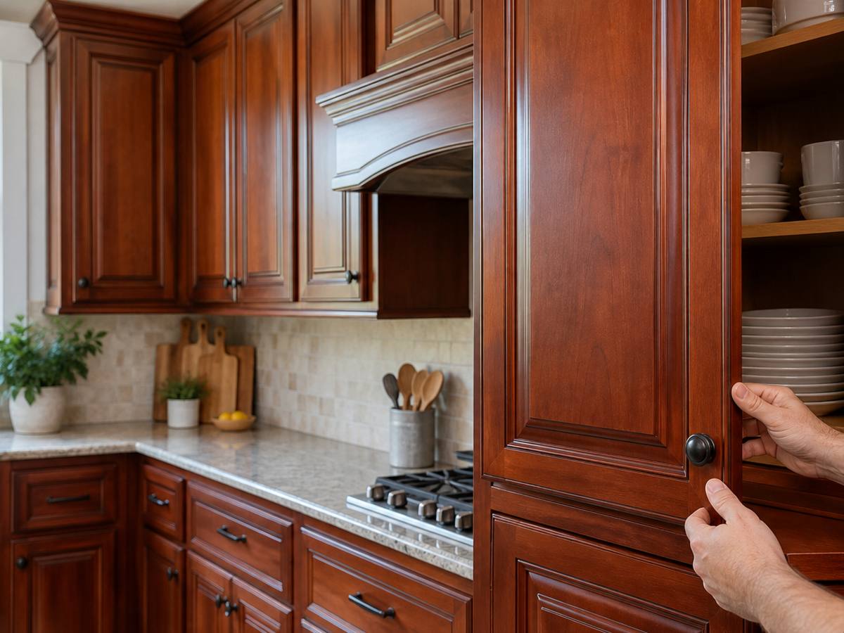 A brush cuts a line of white paint along the edge of a cabinet door.