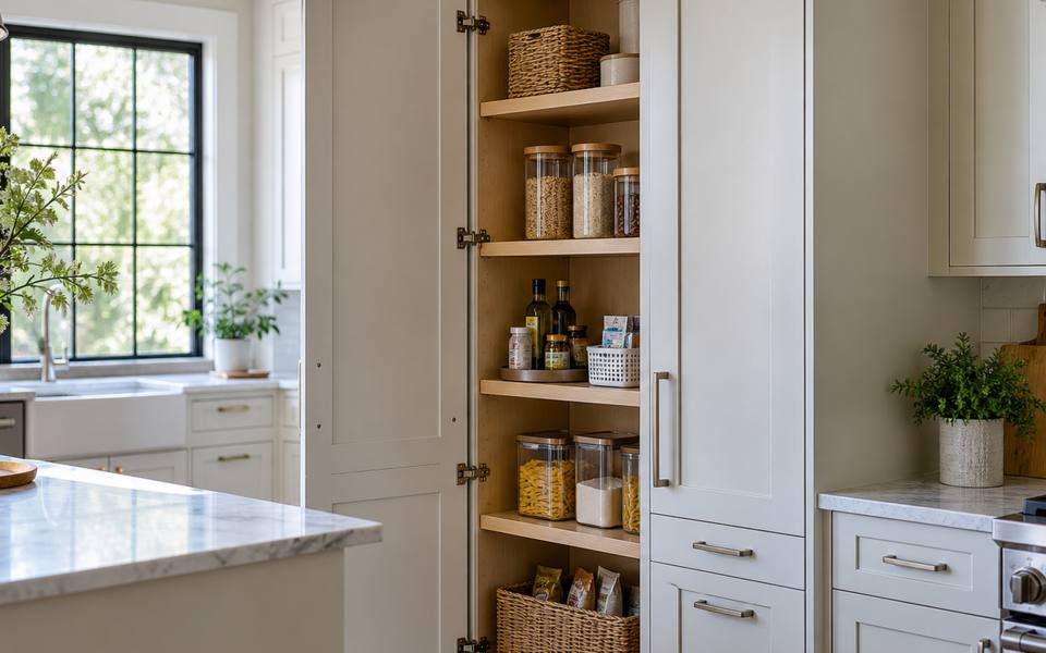 Sage green lower cabinets meet white upper cabinets, joined by brass pulls.