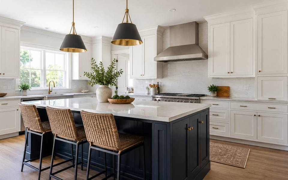 A sage green kitchen finished with brass hardware on every door and drawer.