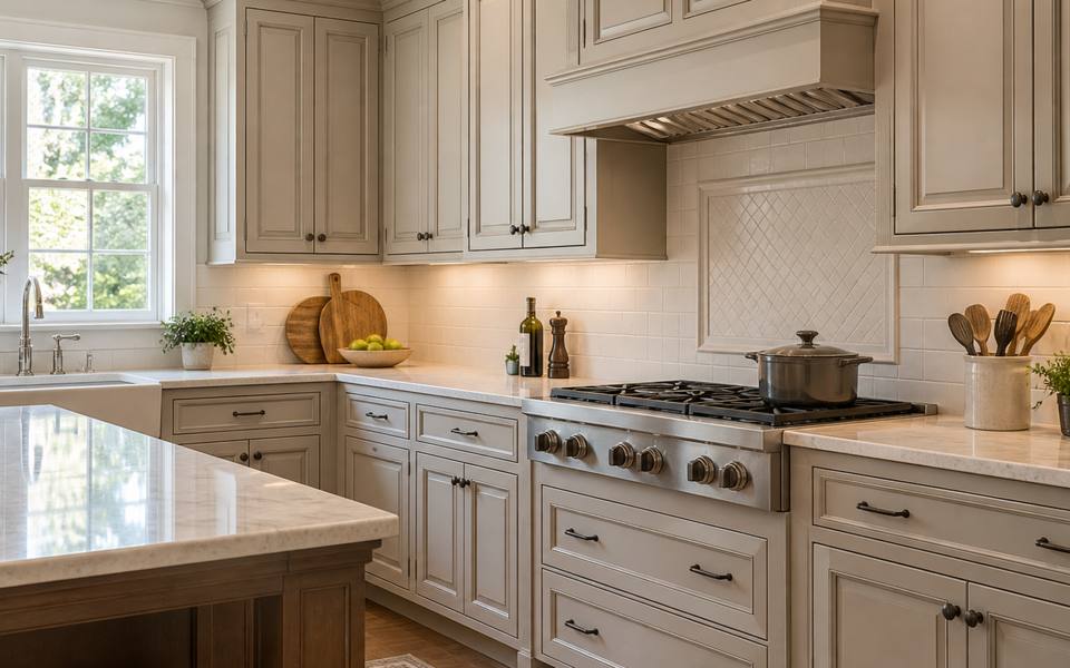 A cream painted cottage-style kitchen sits beneath thick wood countertops.