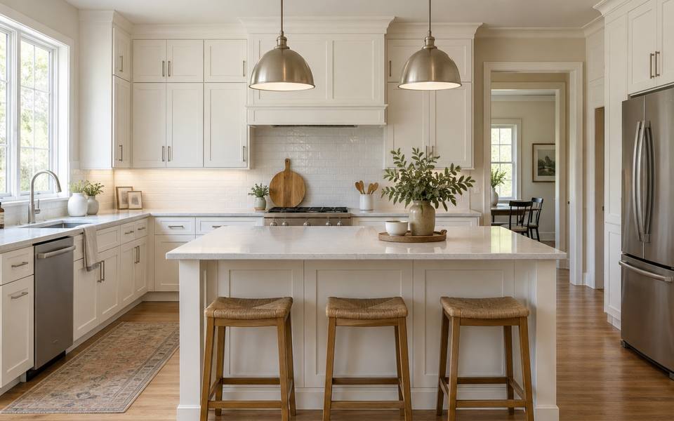A golden oak kitchen photographed before any primer or paint went on.