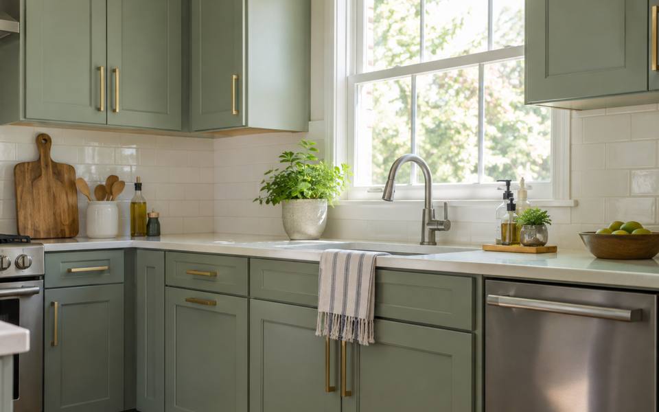 A narrow galley kitchen finished in blue-grey, the kind found in Newmarket splits.