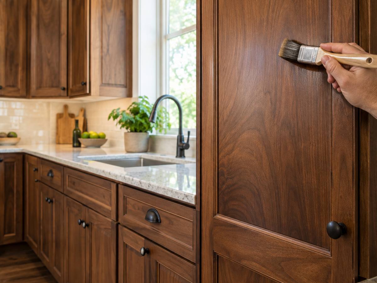 A close view of sage green drawer fronts wearing brass knobs in a Newmarket kitchen.